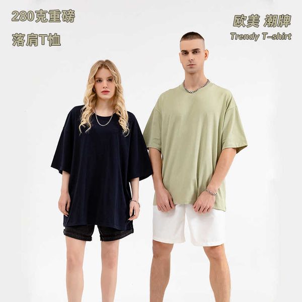 

style grams double yarn pure cotton drop shoulder short sleeve men's and women's fashion brand loose large half sleeve t-shirt, White;black