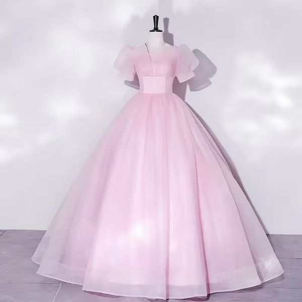 

pink princess prom dresses beaded lace applique long cap sleeves ball gown satin evening dresses elegant a-line floor length women formal pa, Black;red