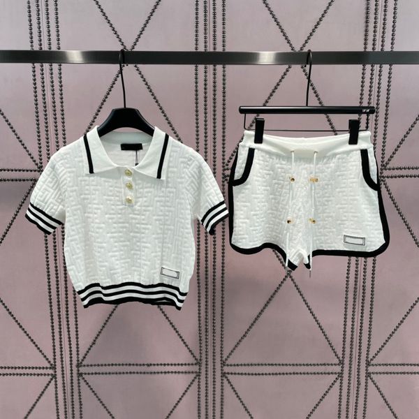 

runway two piece knit set designer new summer 2 two piece set fashion women short sleeves lapel high waist shorts 2023, White