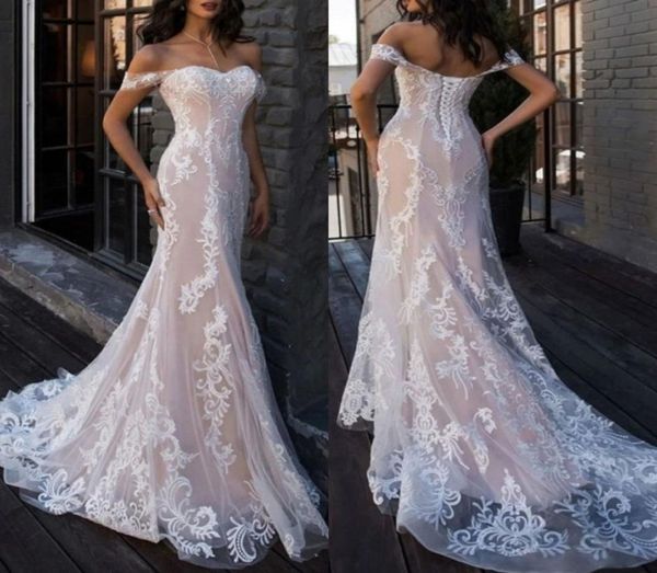 

2022 boho elegant wedding dresses mermaid off the shoulder customized lace short sleeve floor length bridal gown with sweep train 3902304, White
