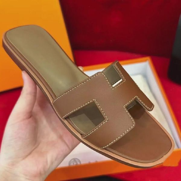

luxury brand women sandals h letter flat slipper beach flip flops genuine leather white black brown solid summer origi logo with dust bag 35