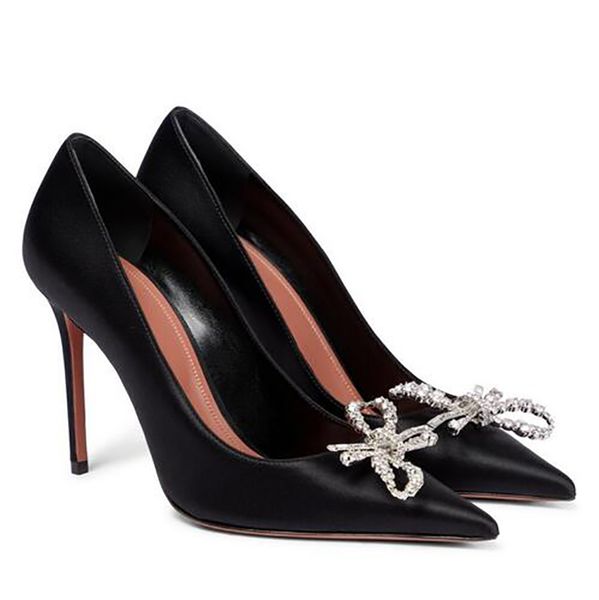 

summer femmes dress rosie sandals shoes for women crystal bow embellished satin pumps pointed toe lady wedding bridal dress high heels, Black