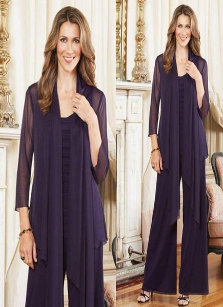 

2021 elegant purple plus size mother of the bride pants suits with jacket womens chiffon long sleeve mother formal dress for weddi2988291, Black;red