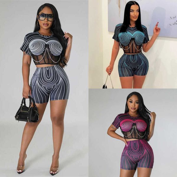 

women's tracksuits fish bone mesh perspective chain splice high waist shorts line printing set two piece set, Gray