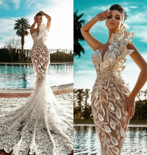 

2020 luxurious wedding dresses oneshoulder 3d appliques beads mermaid bridal gowns custom made sweep train wedding dress robes de6907396, White