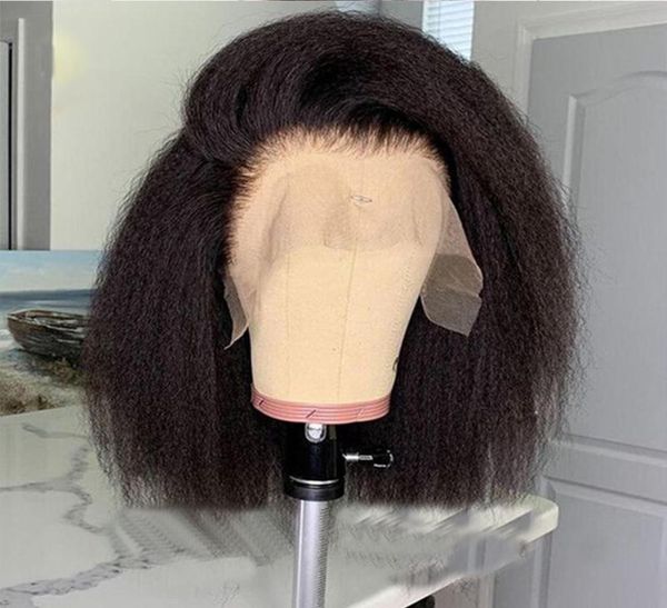 

synthetic wigs short bob cut kinky straight afro hair lace front wig for women medium part black natural female yaki9975985