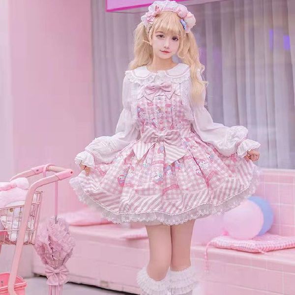 

t-shirt japanese harajuku y2k mini gothic lolita jsk shirt women vintage sleeveless princess party girl pink sweet cartoon print, White