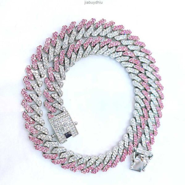 

hip hop new arrival 12mm pink silver color cuban link chain necklace cadena collar diamantes