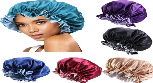 

extra large reversible women hair care satin silk bonnet cap elastic band night sleep hat head wrap cover chemo nightcap turban5539580, Blue;gray