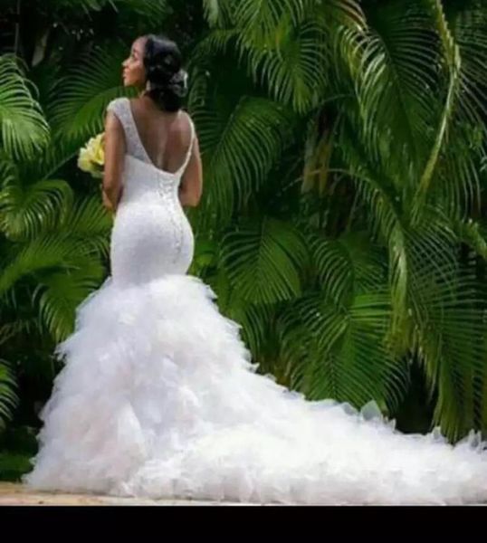 

lace mermaid gown wedding dress beading sheer deep v neck backless corset ruffles tulle garden beach vestido de noiva5586939, White