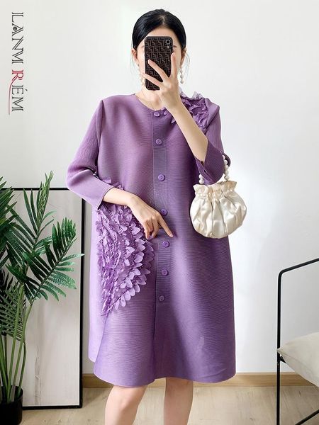 

dresses lanmrem pearl spliced flowers pleated dress lapel long sleeve single breasted dresses 2023 new spring elegant clothing 2q1193, Black;gray