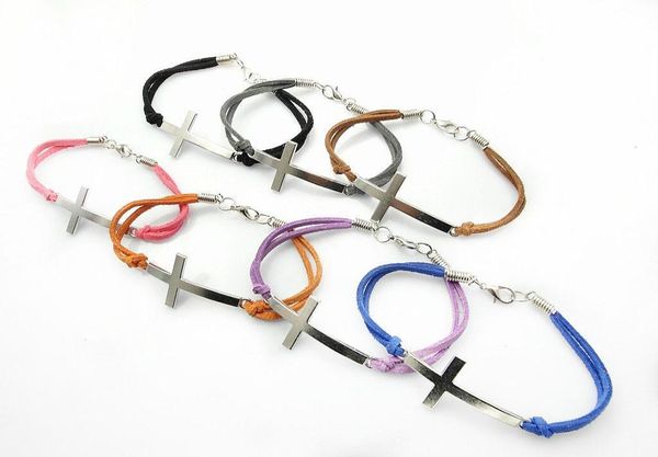 

fashion jewelry cross multicolor charm leather bracelet for women 70pcslot mix color5612138, Golden;silver