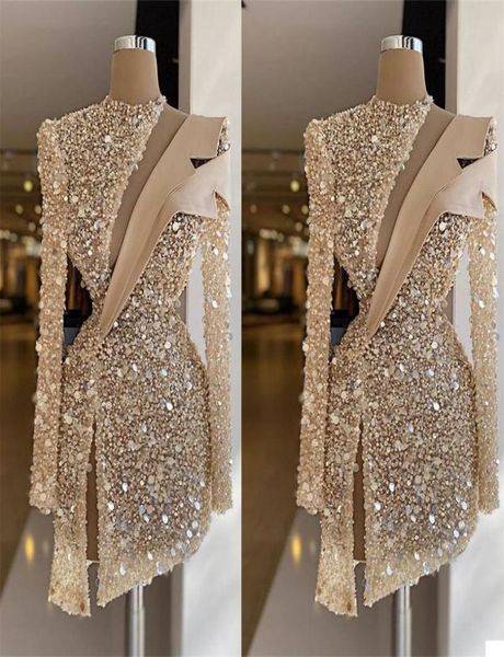 

champagne evening dresses cocktail luxury sequins beads high neck long sleeves prom dress formal party gowns custom made knee leng7124151, Black