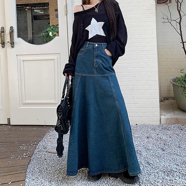

dresses retro blue denim skirt skirt slim crotch hip skirt new women's high waist temperament joker a line skirt ins, Black;gray