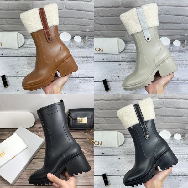 

designer boots women rain boots thick heel thick sole square head side zipper mid-tube women winter leather and fleece thick sole snow boots, Black