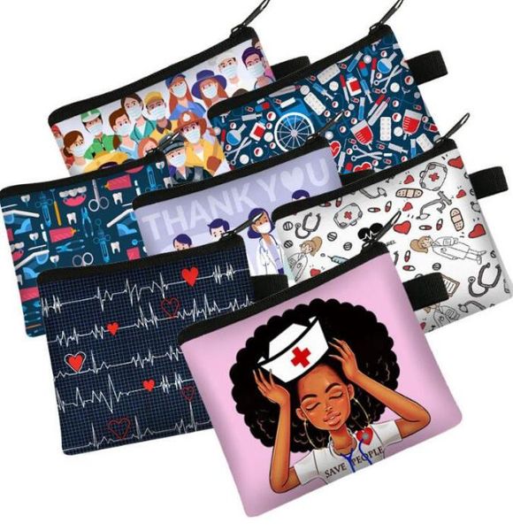 

42 styles nurse doctor coin purse keychains black doctor magic medical syringe pattern ladies bag ecg women short wallet3959529, Silver