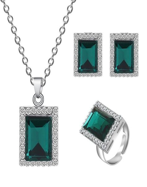 

fine jewelry sets foley green stone edge square three suit ring pendant earrings whole and retail s network2538945, Silver