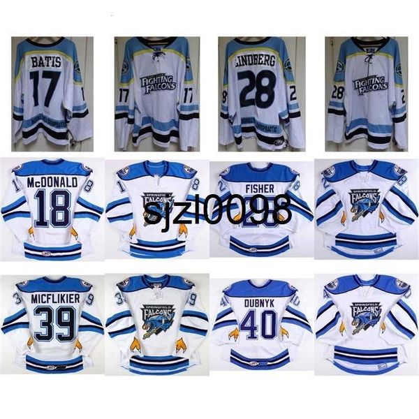 

sj98 2017 ahl springfield falcons 18 colin mcdonald 28 glenn fisher mens womens kids 100% embroidery custom ice hockey jerseys goalit cut ho, Black