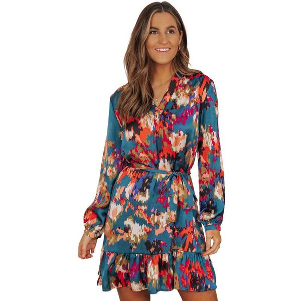 

wholesale abstract print ruffled drawstring high waist mini dress, White