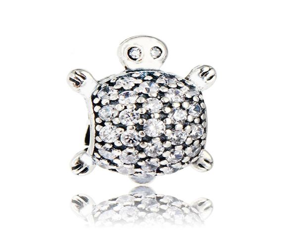

diy fit pandora bracelet real 100 925 sterling silver turtle silver charm bead with clear cz for women original whole5138855, Black