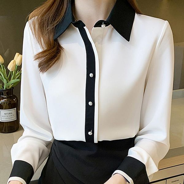 

pants blusas mujer de moda 2022 turn down collar white blouse shirt long sleeve chiffon blouse women blouses women shirts f320, Black