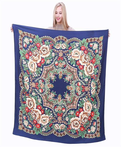 

new twill silk scarf women bohemia floral print square scarves fashion wraps female foulard large hijab shawl neckerchief 130cm137643141, Blue;gray