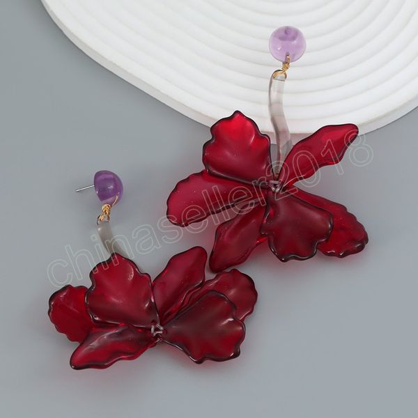 

fashion metal red resin flower earrings for women exaggerate elegant dangle earrings banquet jewelry accessories, Silver