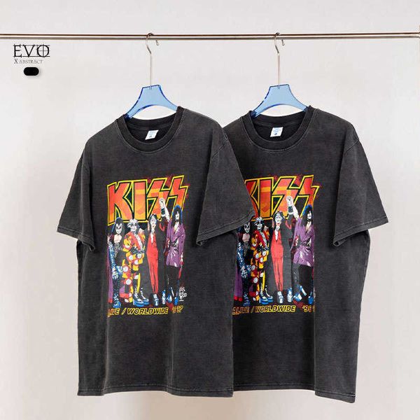 

marilyn kiss band t-shirt fog made old wash high street short sleeve, White;black