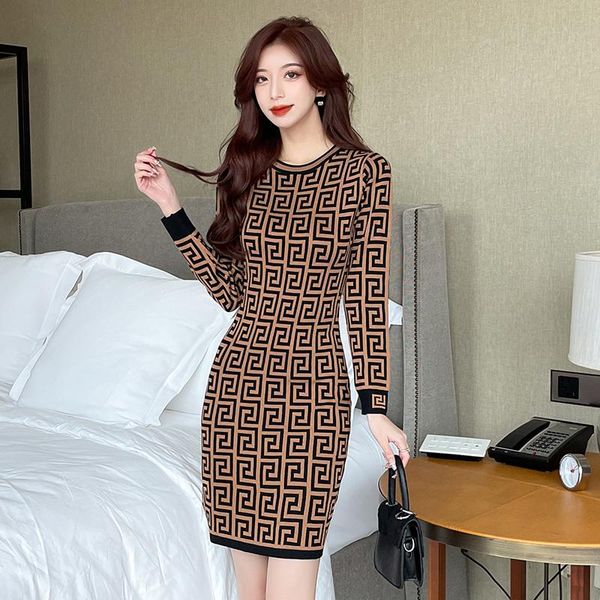 

dresses yuqi office lady knitted dress autumn casual slim oneck long sleeve mini dresses for women elegant jacquard plaid fashion, Black;gray