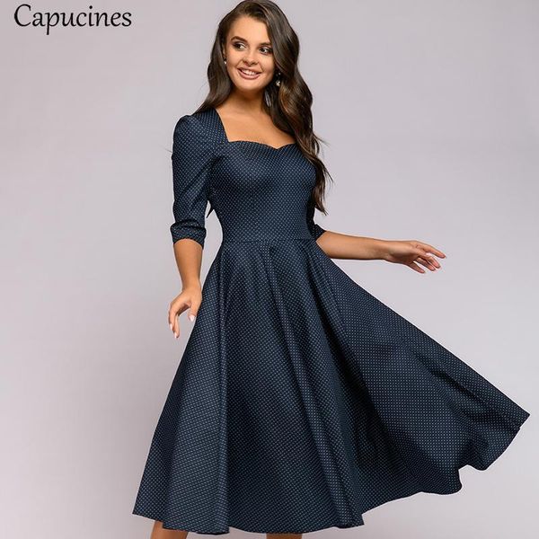 

dresses capucines 2020 autumn vintage square collar dot print dress women 3/4 sleeve a line bow tie backless midcalf dresses, Black;gray
