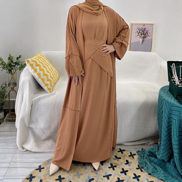 

dress 3 piece open abaya set women matching muslim outfit dubai wrinkle kimono islam modest hijab dress wrap skirt ramadan eid party, White