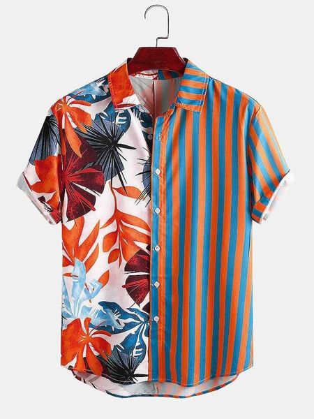 

new hawaiian men shirt short sleeve men polo shirt striped patchwork summer chic blouse beach plus size men's shirts pil, White;black