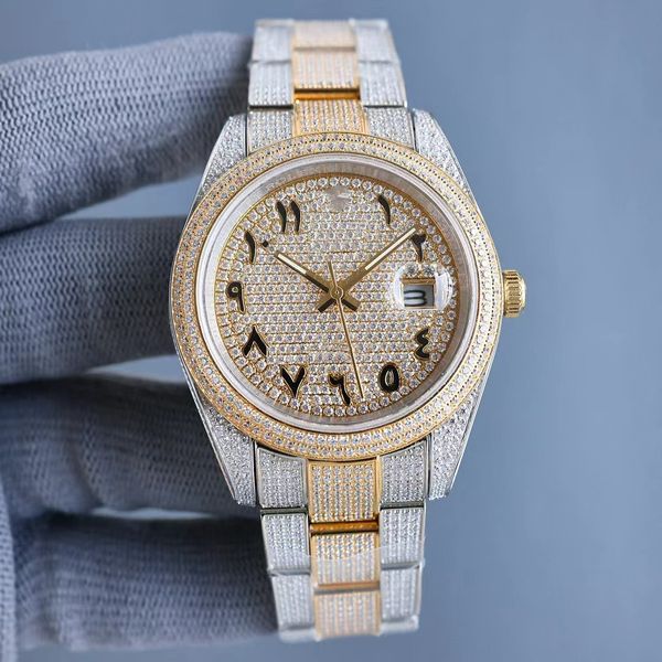 

diamond watch men watches fine steel strap sapphire glass lens waterproof and sweatproof cz diamond with box and paper 41mm d12, Slivery;brown