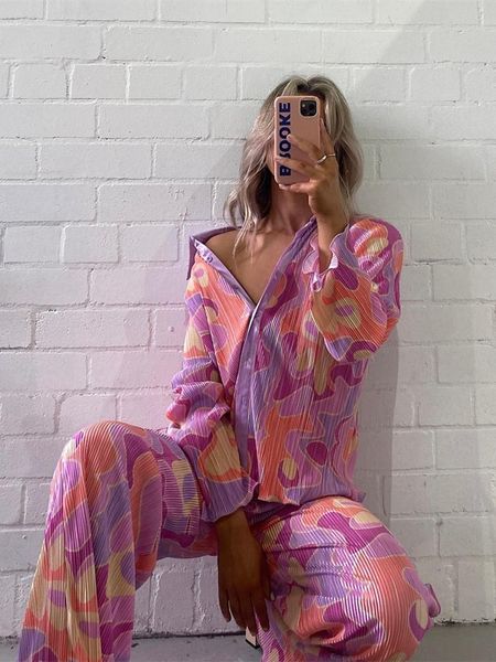 

pants two piece sets women print lapel buttons long sleeve shirts + wide leg long pants female y2k casual loose pant sets, White