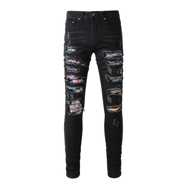 

men's designer jeans fashion ripped skinny jean mens motorcycle slim fit streetwear trousers high street hip hop distressed destroyed d, Blue