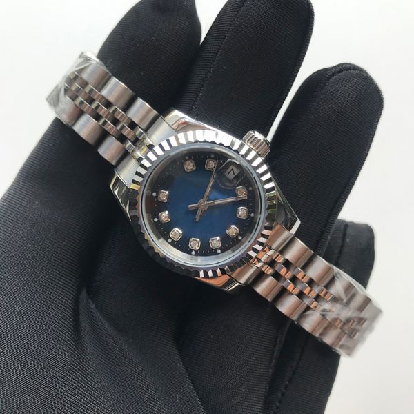

28mm gold luxury watch women watches blue dial classic automatic sweeping movement aaa fashion womens silver datejust luminous ladies wristw, Slivery;brown
