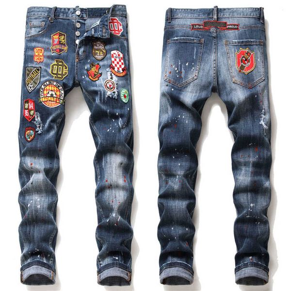 

men more badge slim fit jeans straight leg washed fashion designer painted biker men's denim pants trousers big size 122, Blue