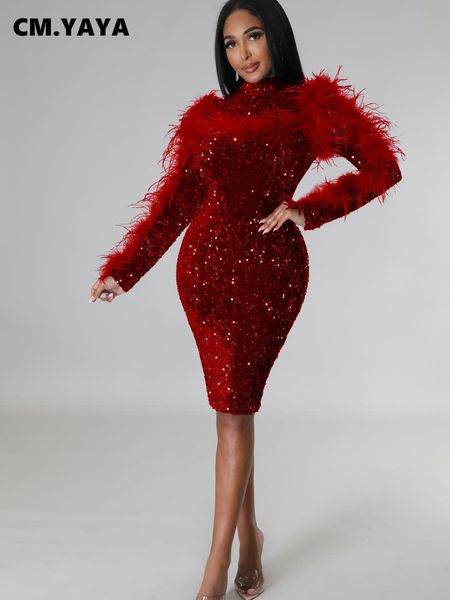 

dresses cm.yaya women sequined fur splicing long sleeve cutout backless bodycon midi dress 2023 evening party club prom dresses, Black;gray