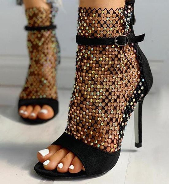 

women039s high heels sandals fashion fish mouth ladies mesh shoe buckle rhinestone thin female footwear 20218183437, Black
