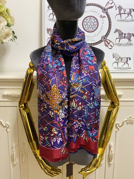 

women's scarf scarves double layer 100% twill silk material thin and soft print pattern size 180cm -26cm, Blue;gray