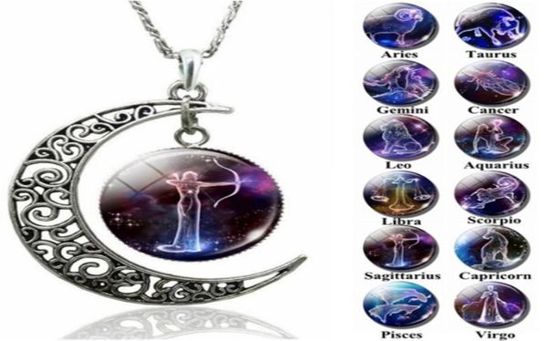 

12 zodiac pendant necklaces hollow moon cabochons glass moonstone constellation starry sky charm chokers for women s fashion jewel4894865, Silver