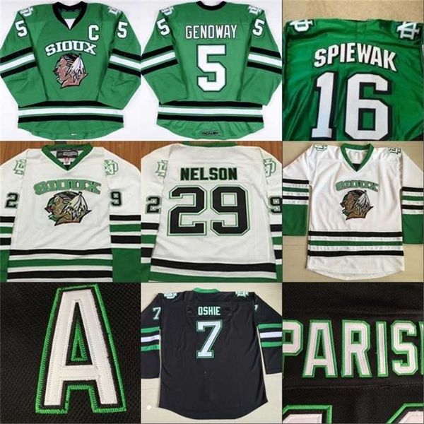 

c2604 mit north dakota hockey jersey 5 chay genoway 16 spiewak 29 brock nelson 7 tj oshie 9 jonathan toews fighting sioux dakota college hoc, Black