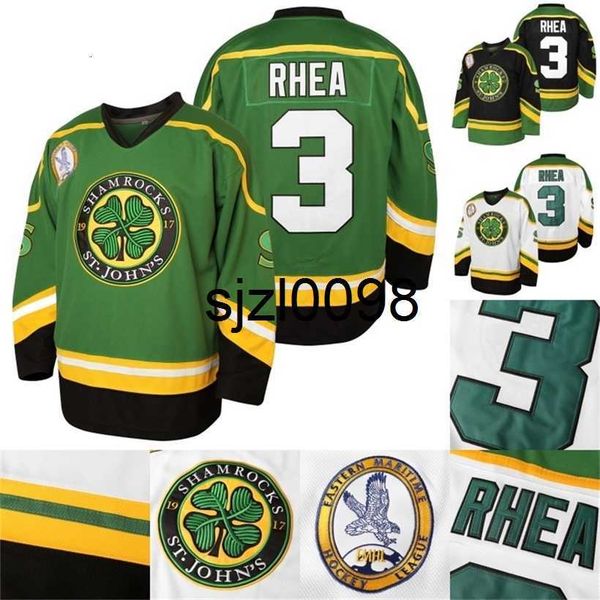 

sj98 mens #3 ross rhea st. john's shamrocks hockey jersey 100% stitched hockey jerseys with emhl patch s-xxxl, Black