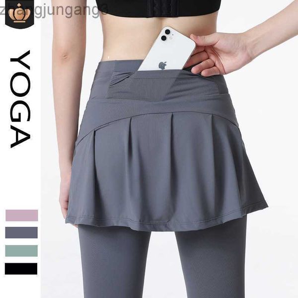 

desginer alo yoga leggings pants high waist anti glare breathable running fitness dance fake two-piece hip covering tight skirt pants, Black