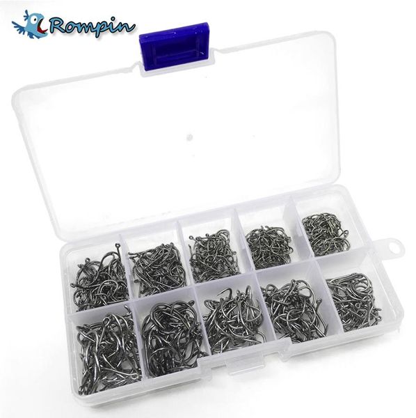 

rompin 500pcsset mixed different size with plastic box packed 312 bronzesea fishing hooks with hole carbon steel sharp hooks4361322