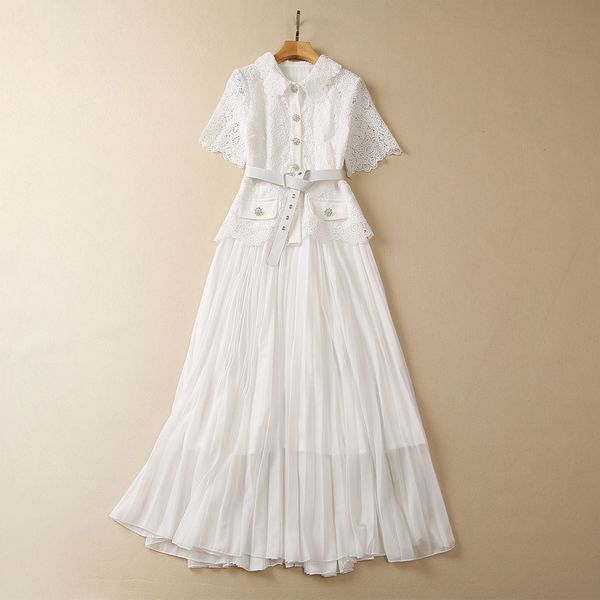 

european and american women's clothes 2023 summer new short sleeve lapel belt fashion lace patchwork pleated dress, Black;gray