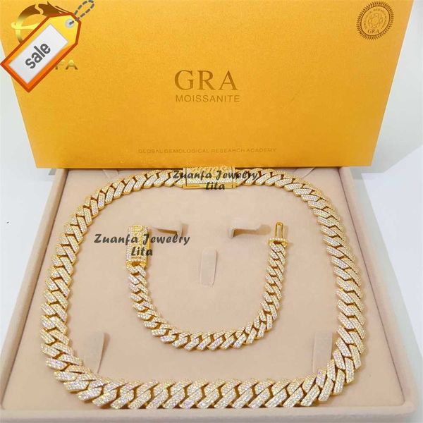 

custom fine jewelry vvs moissanite 14mm 18k gold plated hip hop miami necklace silver cuban link chain