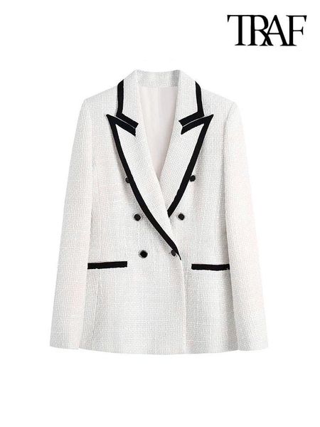 

pants traf women fashion with contrast piping tweed blazer coat vintage long sleeve pockets female outerwear chic veste femme, White