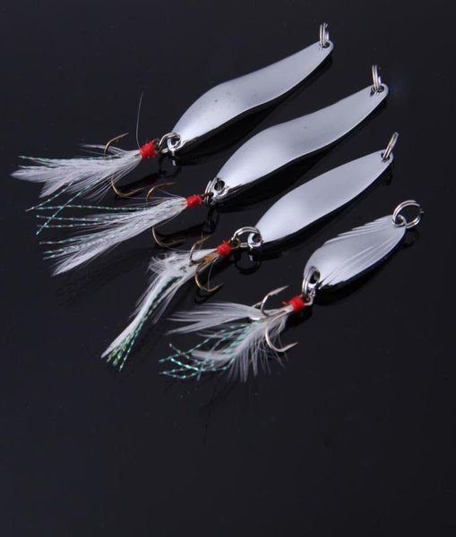

571013g fishing spoon lure sequin paillette metal hard bait with feather hook tackle silver 4pcsset h122781423987