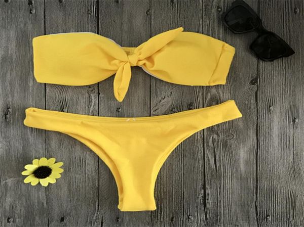 

fashion bow knot bandeau bikini off shoulder swimsuit summer soft beach swimwear women solid swimming bikini party swimwear3751257